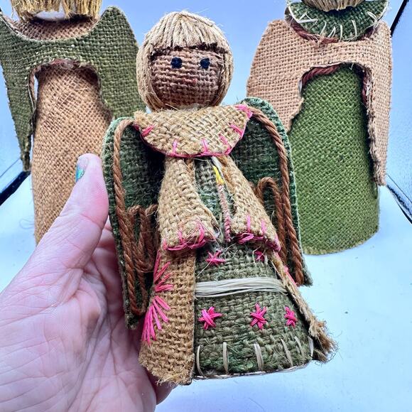 Vintage Burlap Jute Angel Figurine set x3 MCM  Mid Century Kitschy Kitschmas - Picture 7 of 12